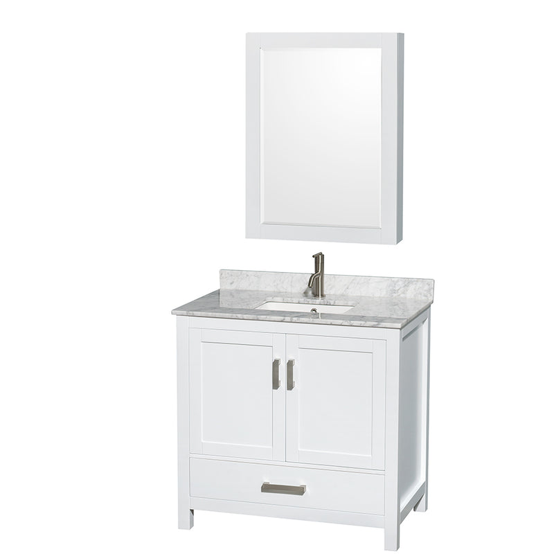 Wyndham Sheffield 36" Single Bathroom Vanity In White White Carrara Marble Countertop Undermount Square Sink And Medicine Cabinet WCS141436SWHCMUNSMED