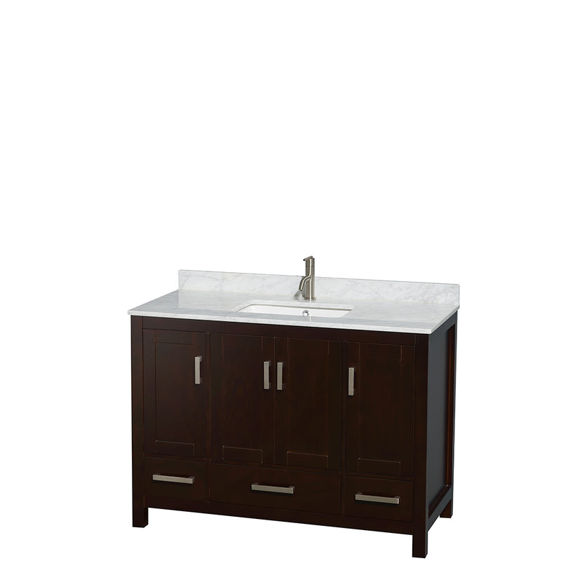 Wyndham Sheffield 48" Single Bathroom Vanity In Espresso White Carrara Marble Countertop Undermount Square Sink and 24" Mirror WCS141448SESCMUNSM24