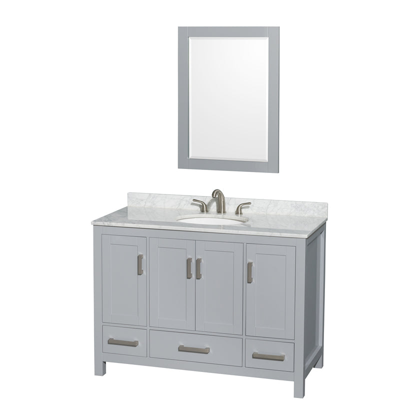 Wyndham Sheffield 48" Single Bathroom Vanity In Gray With White Carrara Marble Countertop Undermount Oval Sink And 24" Mirror WCS141448SGYCMUNOM24