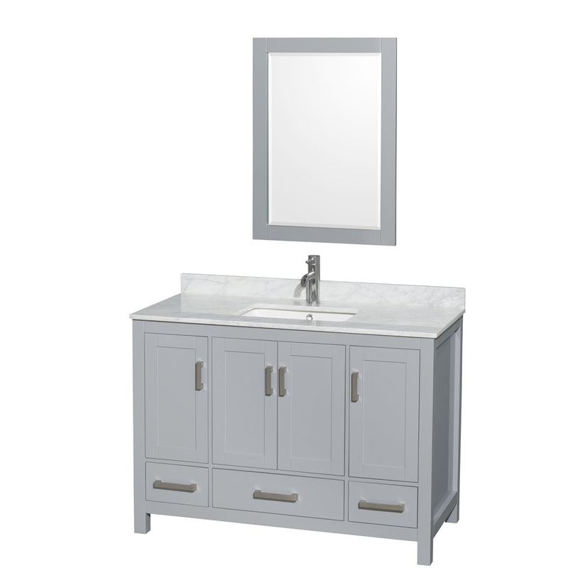 Wyndham Sheffield 48" Single Bathroom Vanity In Gray With White Carrara Marble Countertop Undermount Square Sink And 24" Mirror WCS141448SGYCMUNSM24