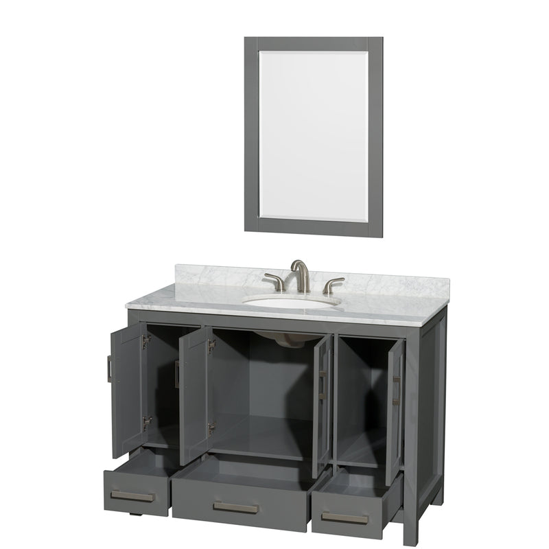 Wyndham Sheffield 48" Single Bathroom Vanity In Dark Gray with White Carrara Marble Countertop Undermount Oval Sink and 24" Mirror WCS141448SKGCMUNOM24