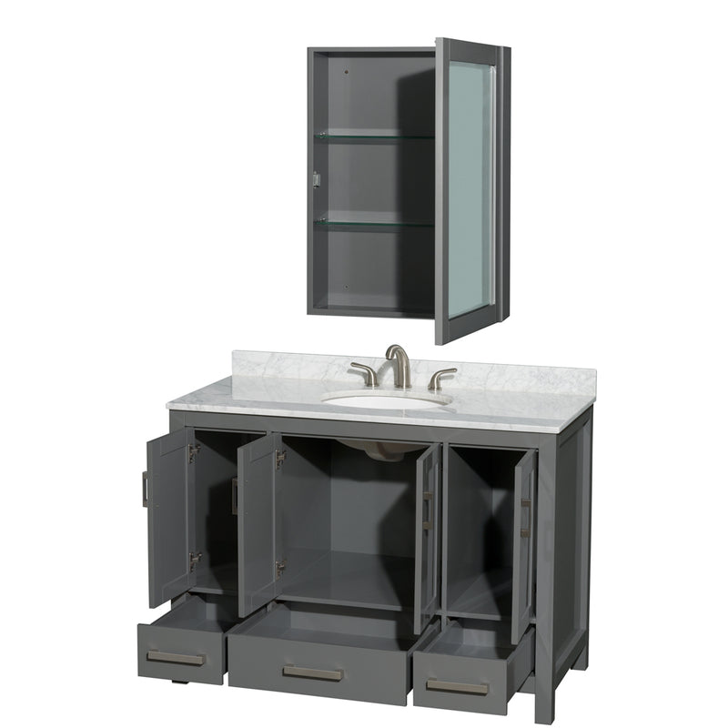 Wyndham Sheffield 48" Single Bathroom Vanity In Dark Gray with White Carrara Marble Countertop Undermount Oval Sink and Medicine Cabinet WCS141448SKGCMUNOMED