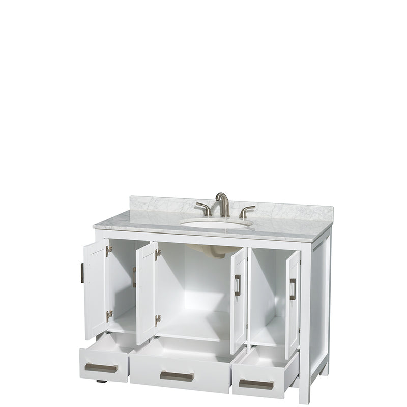 Wyndham Sheffield 48" Single Bathroom Vanity In White White Carrara Marble Countertop Undermount Oval Sink and No Mirror WCS141448SWHCMUNOMXX