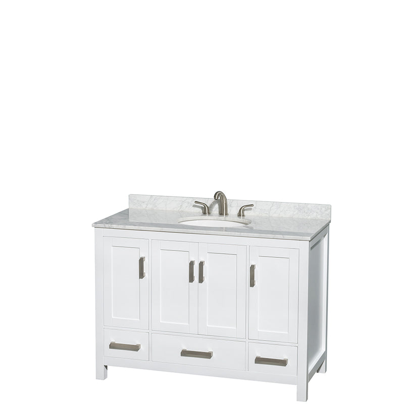 Wyndham Sheffield 48" Single Bathroom Vanity In White White Carrara Marble Countertop Undermount Oval Sink and 24" Mirror WCS141448SWHCMUNOM24