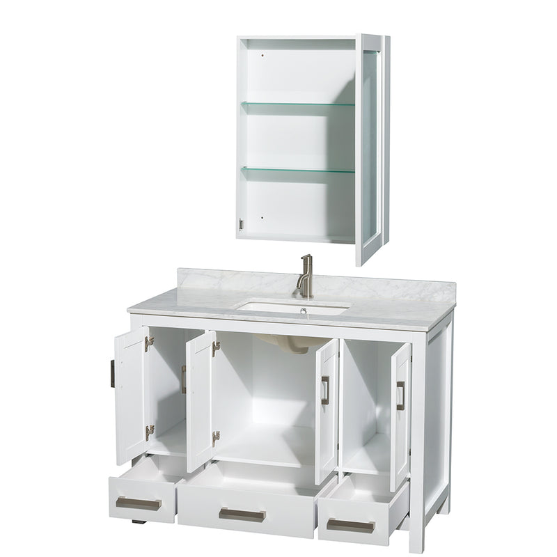 Wyndham Sheffield 48" Single Bathroom Vanity In White White Carrara Marble Countertop Undermount Square Sink and Medicine Cabinet WCS141448SWHCMUNSMED