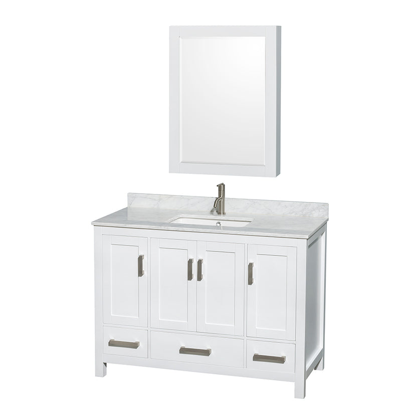 Wyndham Sheffield 48" Single Bathroom Vanity In White White Carrara Marble Countertop Undermount Square Sink And Medicine Cabinet WCS141448SWHCMUNSMED