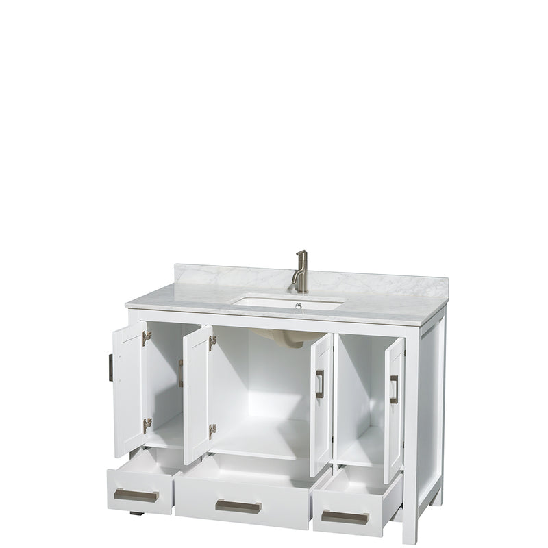 Wyndham Sheffield 48" Single Bathroom Vanity In White White Carrara Marble Countertop Undermount Square Sink and No Mirror WCS141448SWHCMUNSMXX