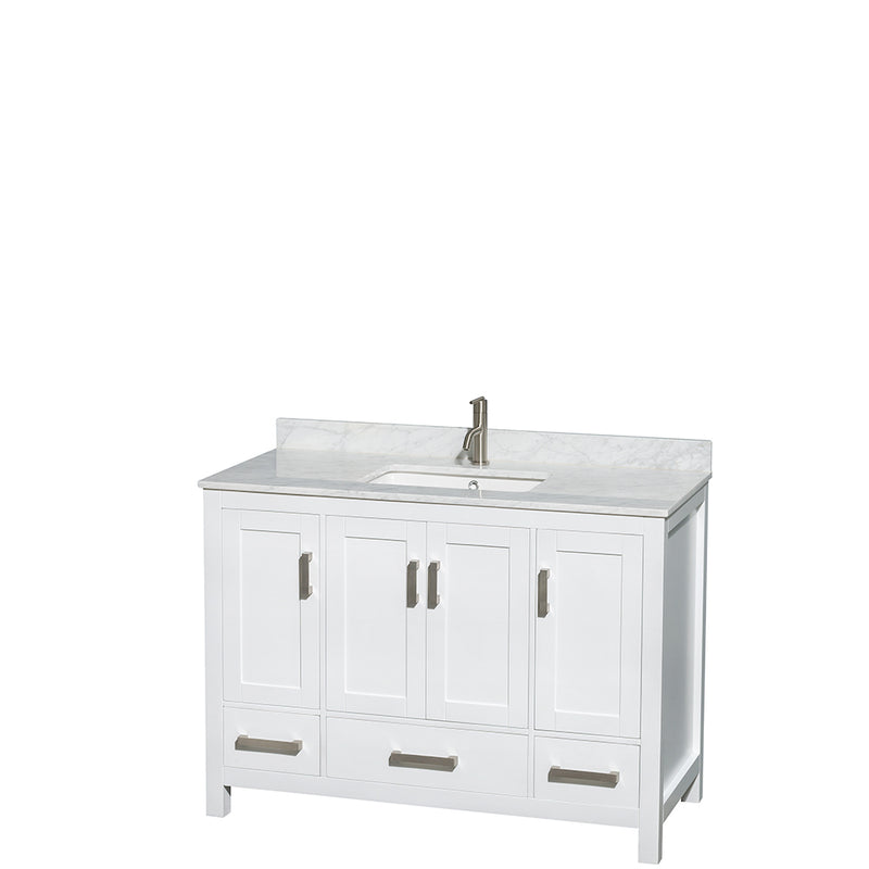 Wyndham Sheffield 48" Single Bathroom Vanity In White White Carrara Marble Countertop Undermount Square Sink And No Mirror WCS141448SWHCMUNSMXX