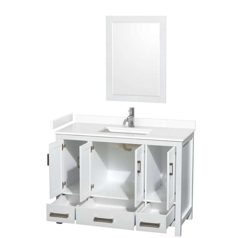 Wyndham Sheffield 48" Single Bathroom Vanity In White with White Cultured Marble Countertop Undermount Square Sink and 24" Mirror WCS141448SWHWCUNSM24