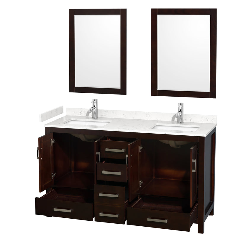 Wyndham Sheffield 60" Double Bathroom Vanity In Espresso with Carrara Cultured Marble Countertop Undermount Square Sinks and 24" Mirrors WCS141460DESC2UNSM24