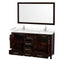 Wyndham Sheffield 60" Double Bathroom Vanity In Espresso with Carrara Cultured Marble Countertop Undermount Square Sinks and 58" Mirror WCS141460DESC2UNSM58