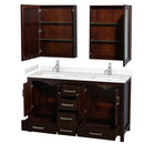 Wyndham Sheffield 60" Double Bathroom Vanity In Espresso with Carrara Cultured Marble Countertop Undermount Square Sinks and Medicine Cabinets WCS141460DESC2UNSMED