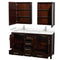 Wyndham Sheffield 60" Double Bathroom Vanity In Espresso with Carrara Cultured Marble Countertop Undermount Square Sinks and Medicine Cabinets WCS141460DESC2UNSMED