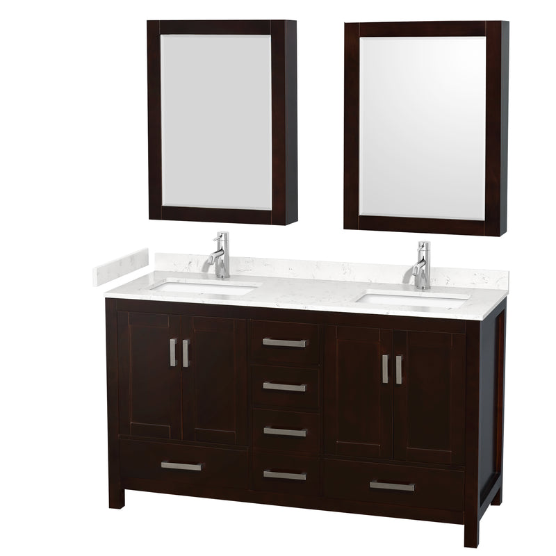 Wyndham Sheffield 60" Double Bathroom Vanity In Espresso With Carrara Cultured Marble Countertop Undermount Square Sinks And Medicine Cabinets WCS141460DESC2UNSMED