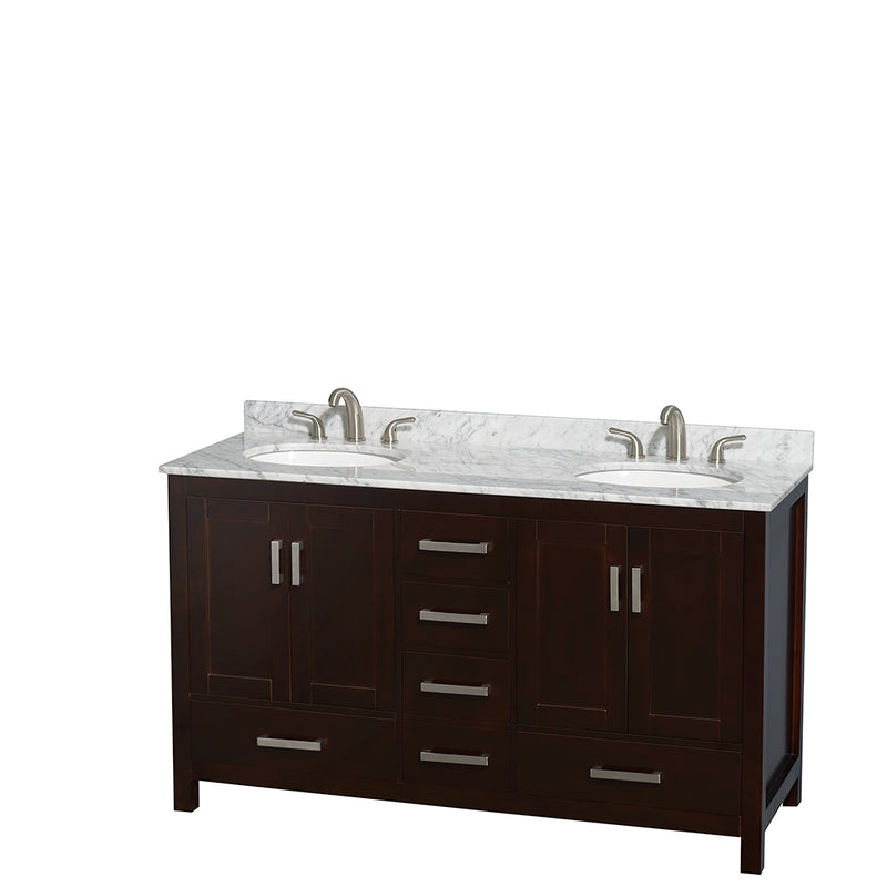 Wyndham Sheffield 60" Double Bathroom Vanity In Espresso White Carrara Marble Countertop Undermount Oval Sinks And No Mirror WCS141460DESCMUNOMXX