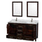 Wyndham Sheffield 60" Double Bathroom Vanity In Espresso White Carrara Marble Countertop Undermount Square Sinks and 24" Mirrors WCS141460DESCMUNSM24