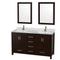 Wyndham Sheffield 60" Double Bathroom Vanity In Espresso White Carrara Marble Countertop Undermount Square Sinks And 24" Mirrors WCS141460DESCMUNSM24