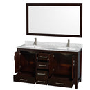 Wyndham Sheffield 60" Double Bathroom Vanity In Espresso White Carrara Marble Countertop Undermount Square Sinks and 58" Mirror WCS141460DESCMUNSM58