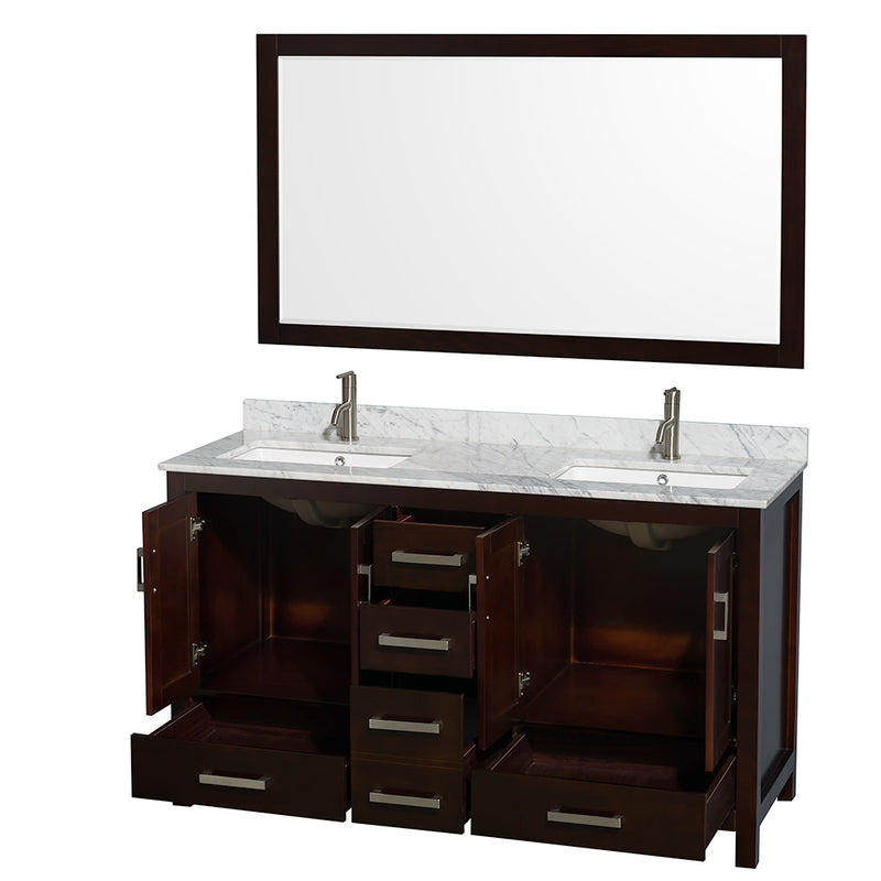 Wyndham Sheffield 60" Double Bathroom Vanity In Espresso White Carrara Marble Countertop Undermount Square Sinks and 58" Mirror WCS141460DESCMUNSM58