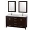 Wyndham Sheffield 60" Double Bathroom Vanity In Espresso White Carrara Marble Countertop Undermount Square Sinks And Medicine Cabinets WCS141460DESCMUNSMED