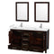 Wyndham Sheffield 60" Double Bathroom Vanity In Espresso with White Cultured Marble Countertop Undermount Square Sinks and 24" Mirrors WCS141460DESWCUNSM24