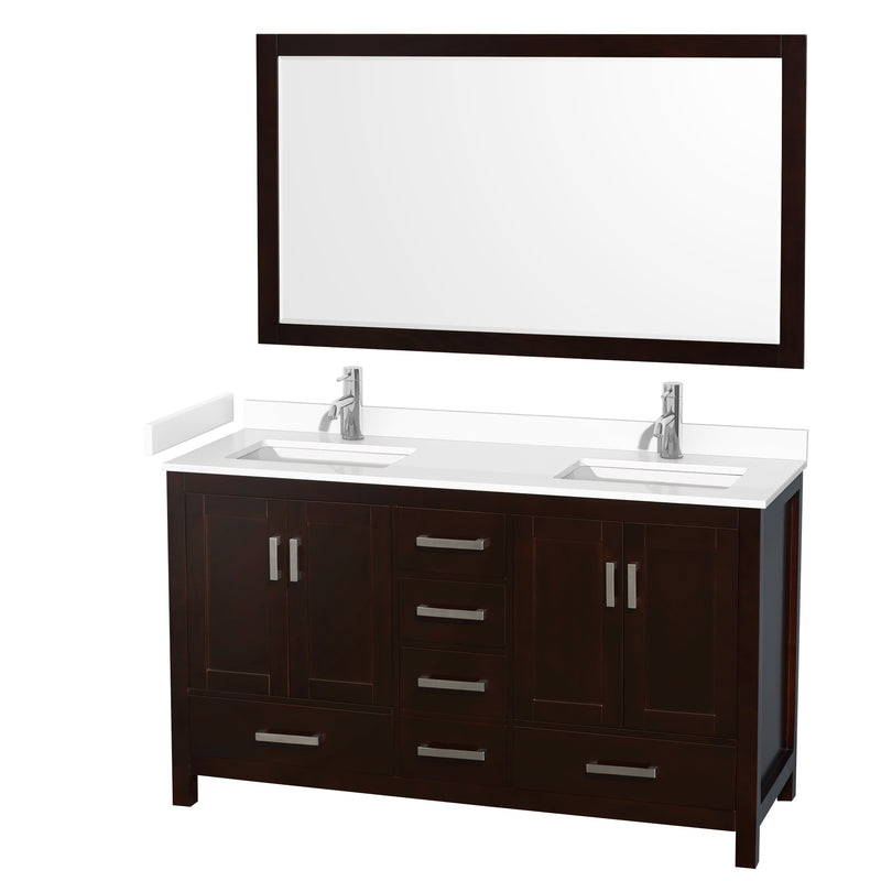 Wyndham Sheffield 60" Double Bathroom Vanity In Espresso With White Cultured Marble Countertop Undermount Square Sinks And 58" Mirror WCS141460DESWCUNSM58