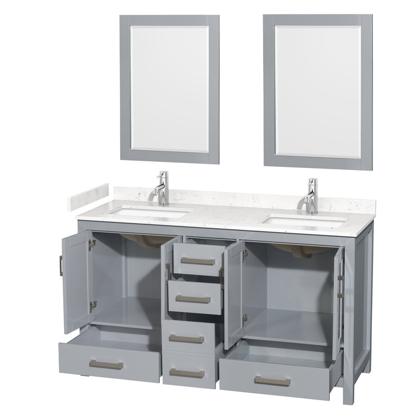 Wyndham Sheffield 60" Double Bathroom Vanity In Gray with Carrara Cultured Marble Countertop Undermount Square Sinks and 24" Mirrors WCS141460DGYC2UNSM24