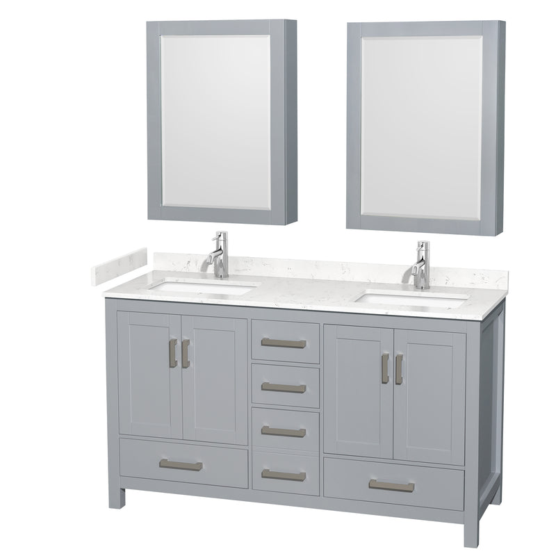 Wyndham Sheffield 60" Double Bathroom Vanity In Gray With Carrara Cultured Marble Countertop Undermount Square Sinks And Medicine Cabinets WCS141460DGYC2UNSMED