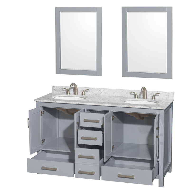 Wyndham Sheffield 60" Double Bathroom Vanity In Gray with White Carrara Marble Countertop Undermount Oval Sinks and 24" Mirrors WCS141460DGYCMUNOM24