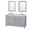 Wyndham Sheffield 60" Double Bathroom Vanity In Gray With White Carrara Marble Countertop Undermount Oval Sinks And 24" Mirrors WCS141460DGYCMUNOM24