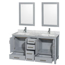 Wyndham Sheffield 60" Double Bathroom Vanity In Gray with White Carrara Marble Countertop Undermount Square Sinks and 24" Mirrors WCS141460DGYCMUNSM24