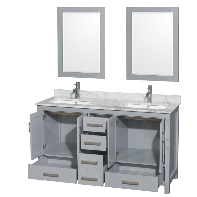 Wyndham Sheffield 60" Double Bathroom Vanity In Gray with White Carrara Marble Countertop Undermount Square Sinks and 24" Mirrors WCS141460DGYCMUNSM24