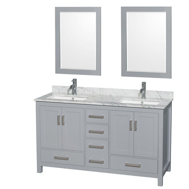 Wyndham Sheffield 60" Double Bathroom Vanity In Gray With White Carrara Marble Countertop Undermount Square Sinks And 24" Mirrors WCS141460DGYCMUNSM24