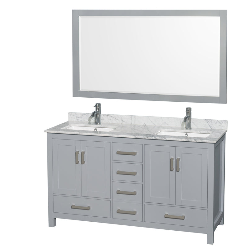 Wyndham Sheffield 60" Double Bathroom Vanity In Gray With White Carrara Marble Countertop Undermount Square Sinks And 58" Mirror WCS141460DGYCMUNSM58