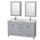 Wyndham Sheffield 60" Double Bathroom Vanity In Gray With White Carrara Marble Countertop Undermount Square Sinks And Medicine Cabinets WCS141460DGYCMUNSMED