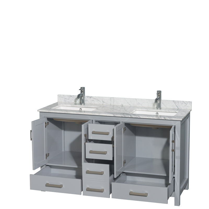 Wyndham Sheffield 60" Double Bathroom Vanity In Gray with White Carrara Marble Countertop Undermount Square Sinks and No Mirror WCS141460DGYCMUNSMXX