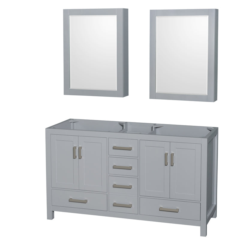 Wyndham Sheffield 60" Double Bathroom Vanity In Gray With No Countertop No Sinks And Medicine Cabinets WCS141460DGYCXSXXMED