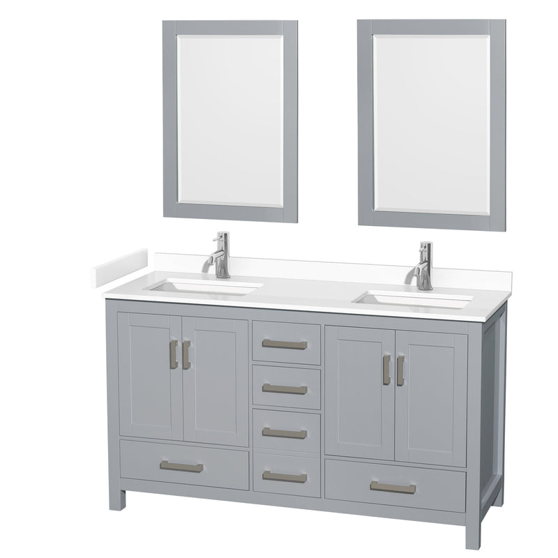 Wyndham Sheffield 60" Double Bathroom Vanity In Gray With White Cultured Marble Countertop Undermount Square Sinks And 24" Mirrors WCS141460DGYWCUNSM24