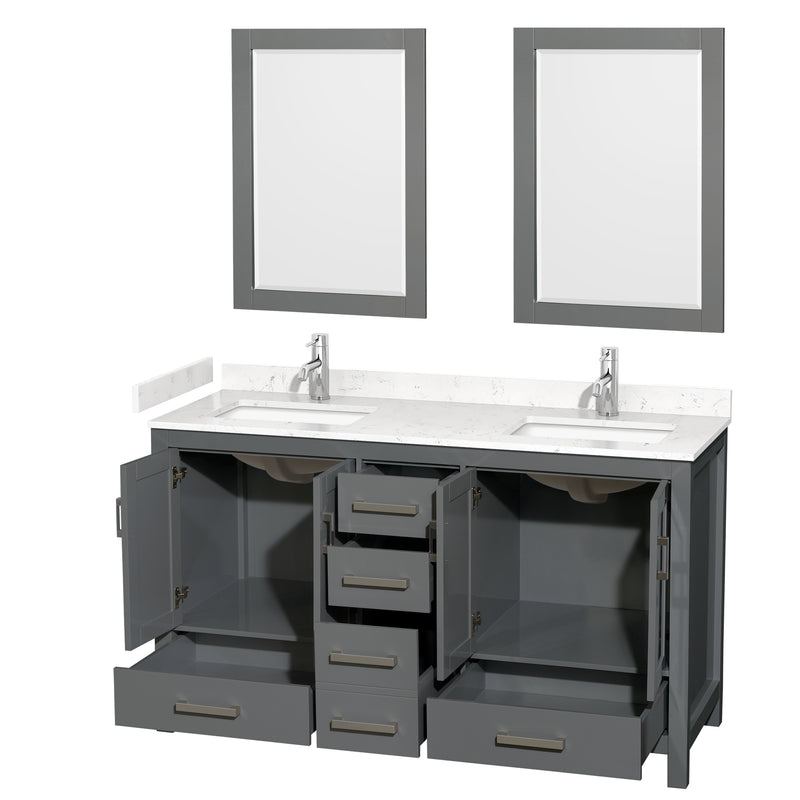 Wyndham Sheffield 60" Double Bathroom Vanity In Dark Gray with Carrara Cultured Marble Countertop Undermount Square Sinks and 24" Mirrors WCS141460DKGC2UNSM24