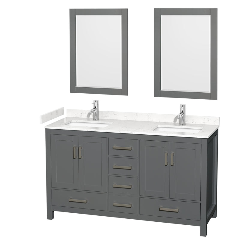 Wyndham Sheffield 60" Double Bathroom Vanity In Dark Gray With Carrara Cultured Marble Countertop Undermount Square Sinks And 24" Mirrors WCS141460DKGC2UNSM24