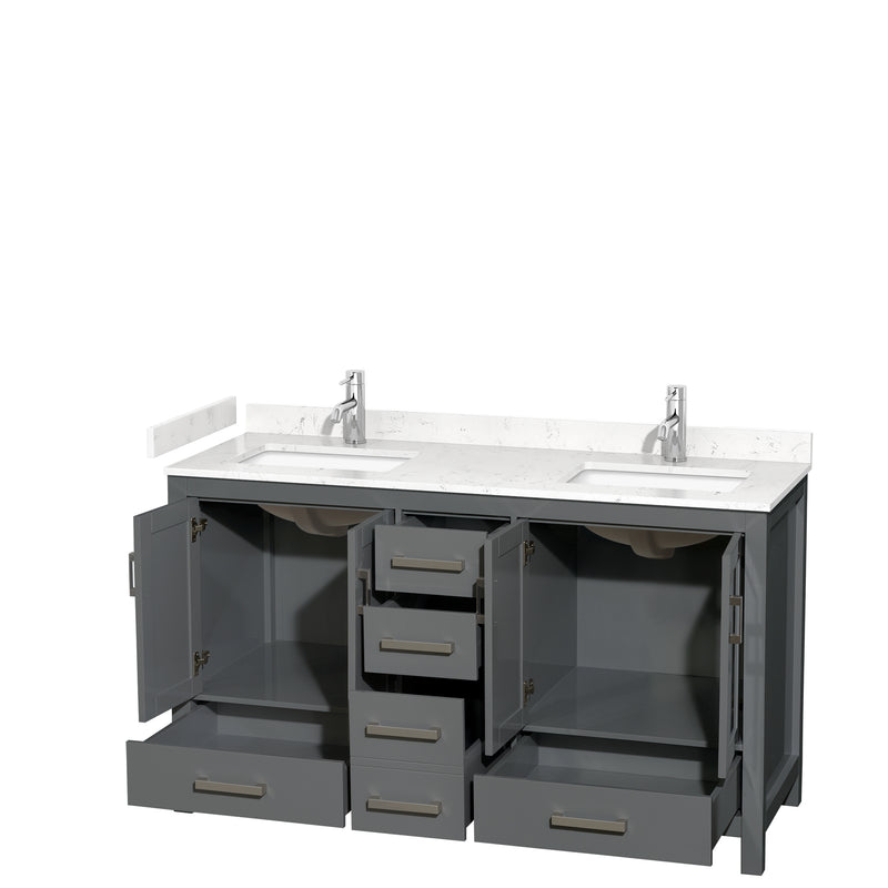 Wyndham Sheffield 60" Double Bathroom Vanity In Dark Gray with Carrara Cultured Marble Countertop Undermount Square Sinks and No Mirror WCS141460DKGC2UNSMXX