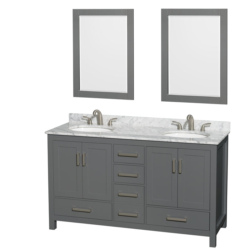 Wyndham Sheffield 60" Double Bathroom Vanity In Dark Gray With White Carrara Marble Countertop Undermount Oval Sinks And 24" Mirrors WCS141460DKGCMUNOM24