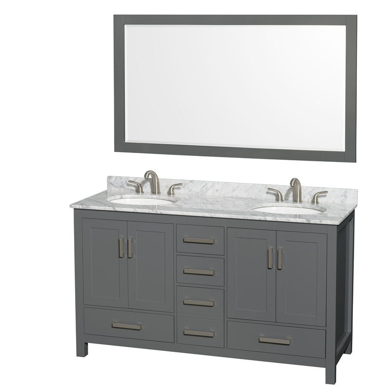 Wyndham Sheffield 60" Double Bathroom Vanity In Dark Gray With White Carrara Marble Countertop Undermount Oval Sinks And 58" Mirror WCS141460DKGCMUNOM58