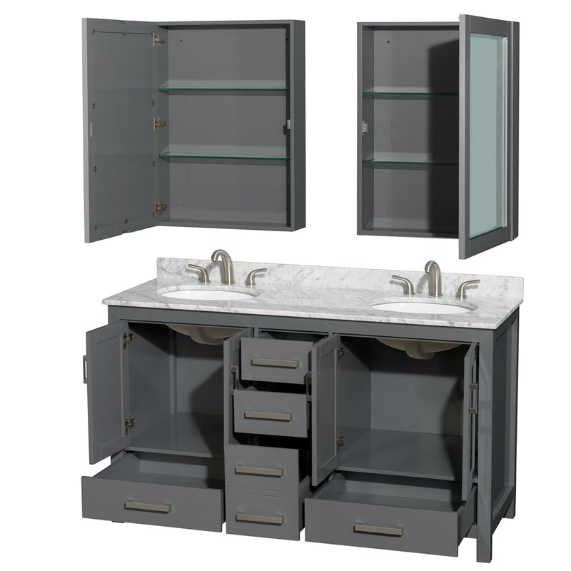 Wyndham Sheffield 60" Double Bathroom Vanity In Dark Gray with White Carrara Marble Countertop Undermount Oval Sinks and Medicine Cabinets WCS141460DKGCMUNOMED