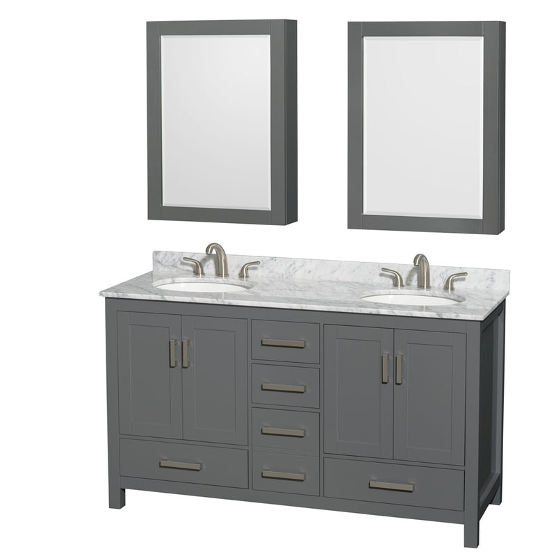 Wyndham Sheffield 60" Double Bathroom Vanity In Dark Gray With White Carrara Marble Countertop Undermount Oval Sinks And Medicine Cabinets WCS141460DKGCMUNOMED