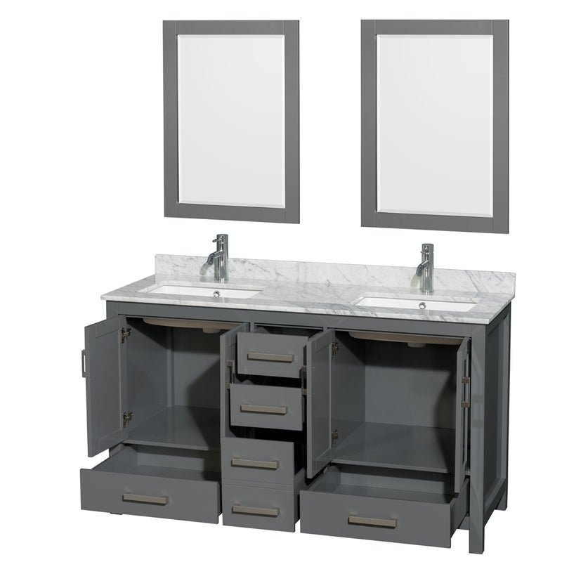 Wyndham Sheffield 60" Double Bathroom Vanity In Dark Gray with White Carrara Marble Countertop Undermount Square Sinks and 24" Mirrors WCS141460DKGCMUNSM24