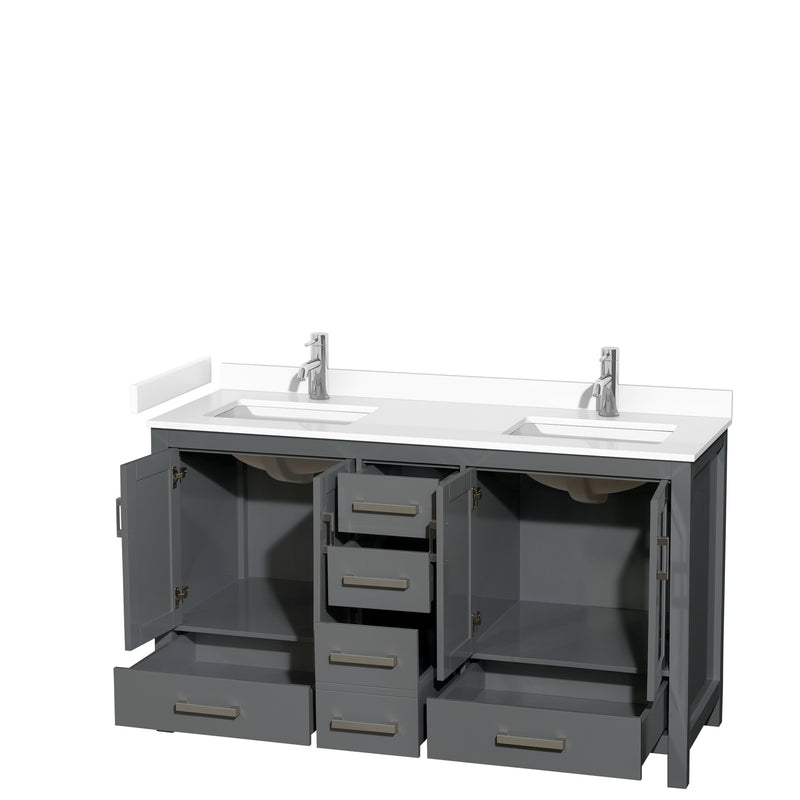 Wyndham Sheffield 60" Double Bathroom Vanity In Dark Gray with White Cultured Marble Countertop Undermount Square Sinks and No Mirror WCS141460DKGWCUNSMXX