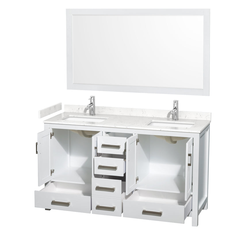 Wyndham Sheffield 60" Double Bathroom Vanity In White with Carrara Cultured Marble Countertop Undermount Square Sinks and 58" Mirror WCS141460DWHC2UNSM58