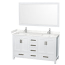 Wyndham Sheffield 60" Double Bathroom Vanity In White With Carrara Cultured Marble Countertop Undermount Square Sinks And 58" Mirror WCS141460DWHC2UNSM58