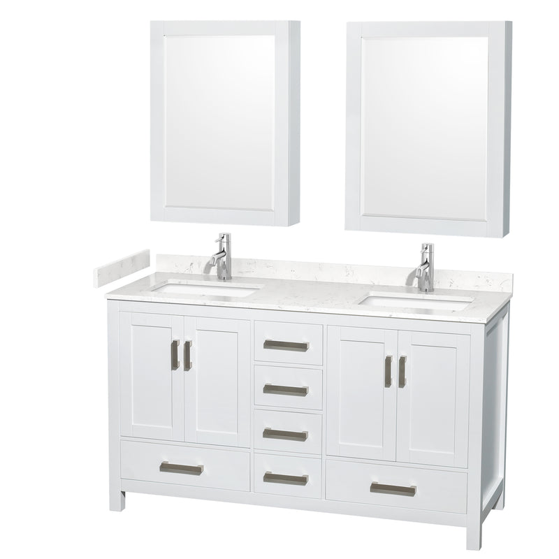 Wyndham Sheffield 60" Double Bathroom Vanity In White With Carrara Cultured Marble Countertop Undermount Square Sinks And Medicine Cabinets WCS141460DWHC2UNSMED